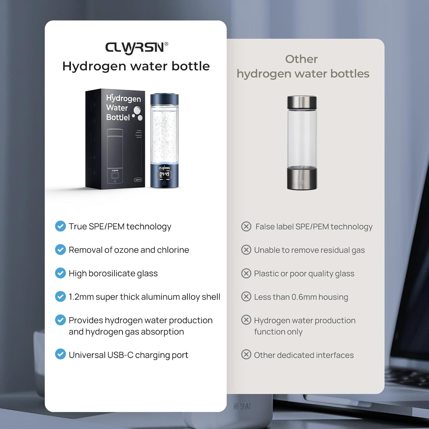 Hydrogen Water Bottle, Portable Glass Hydrogen Water Bottle Generator-SPE/PEM Technology-Athletic Performance & Hydration System, 11.5 oz Capacity，Ideal for Outdoor Home and Office Use(Blue)