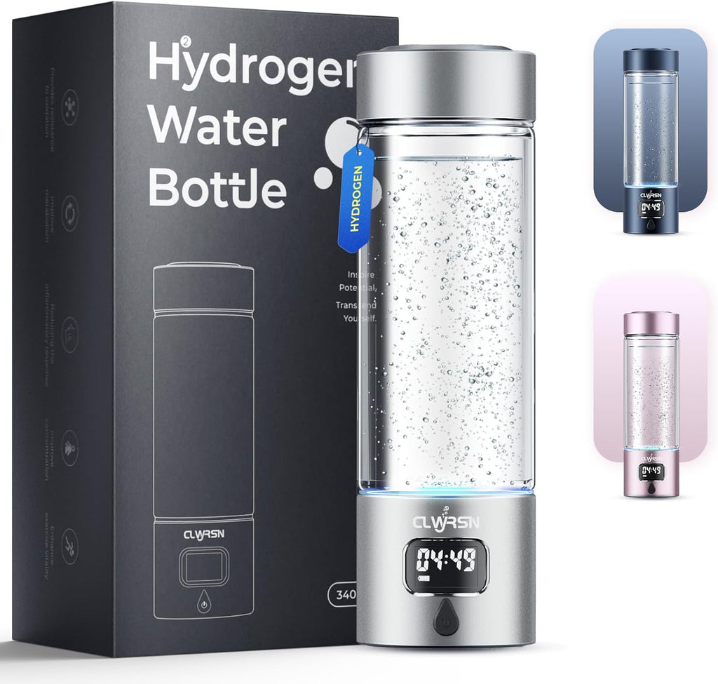 Hydrogen Water Bottle, Portable Glass Hydrogen Water Bottle Generator Machine — SPE/PEM Technology — Athletic Performance & Hydration System — for Gym, Sports, Travel & Outdoor, 11.5Oz (Silver)