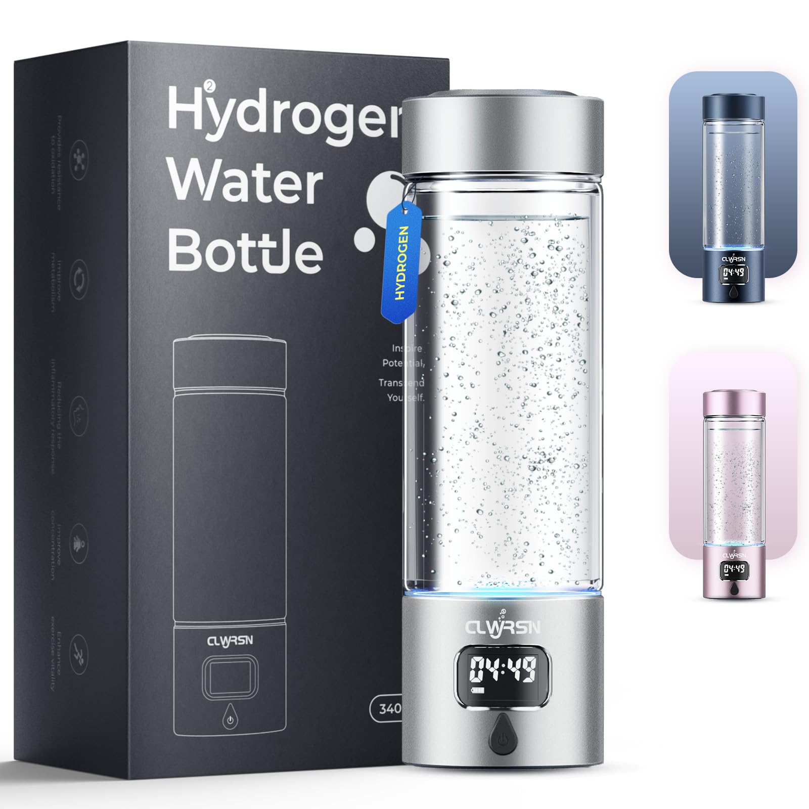 Hydrogen Water Bottle, Portable Glass Hydrogen Water Bottle Generator Machine — SPE/PEM Technology — Athletic Performance & Hydration System — for Gym, Sports, Travel & Outdoor, 11.5Oz (Silver)