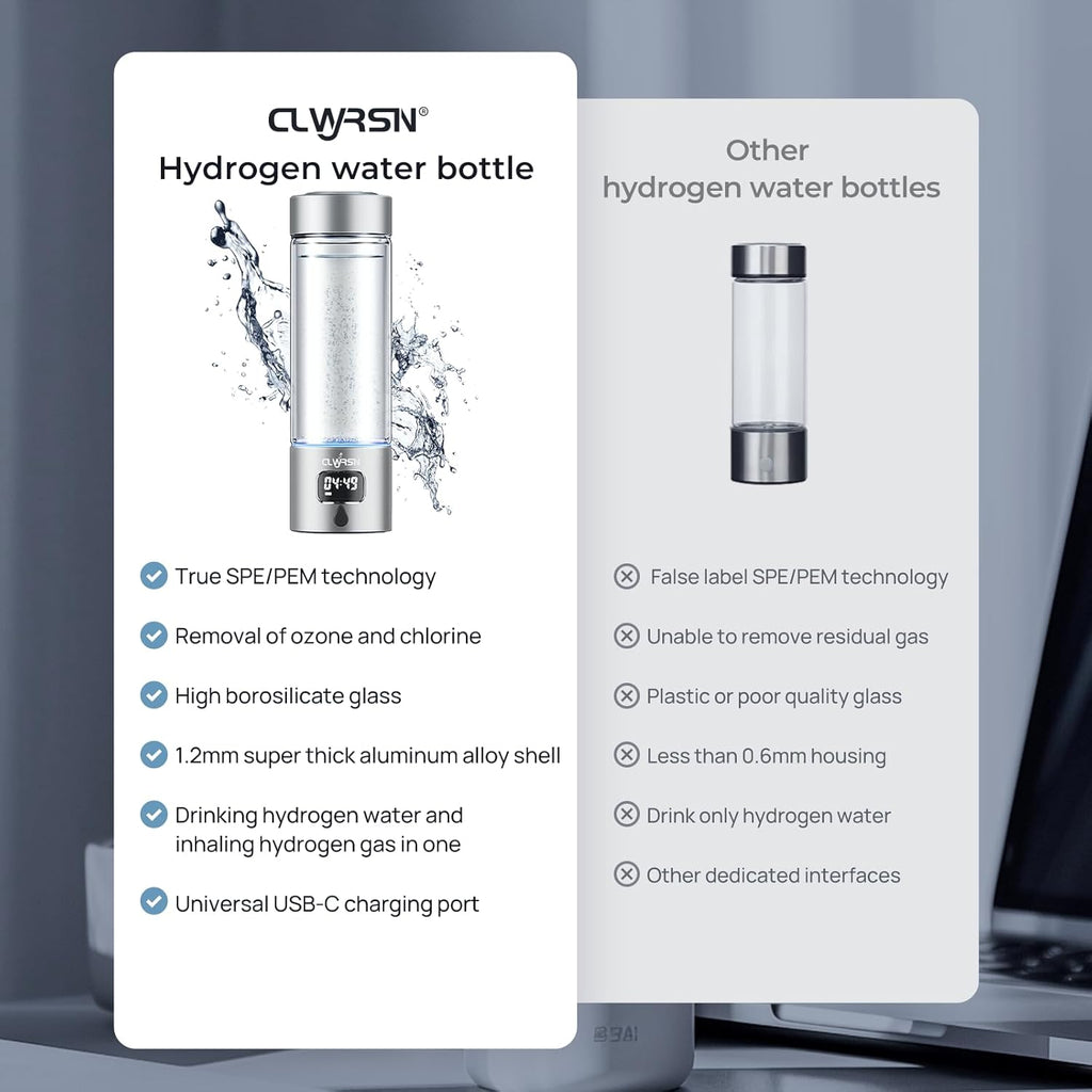 Hydrogen Water Bottle, Portable Glass Hydrogen Water Bottle Generator Machine — SPE/PEM Technology — Athletic Performance & Hydration System — for Gym, Sports, Travel & Outdoor, 11.5Oz (Silver)