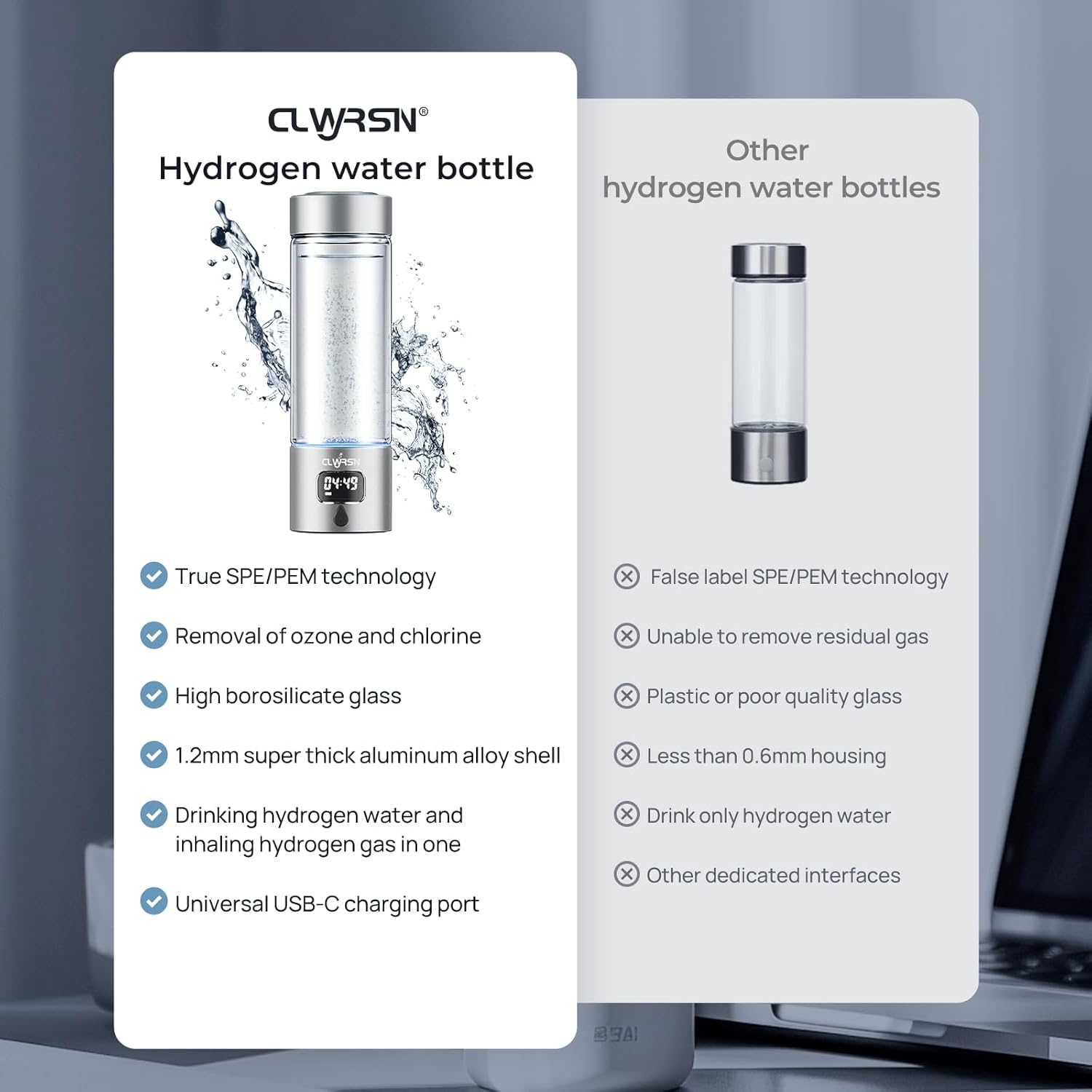 Hydrogen Water Bottle, Portable Glass Hydrogen Water Bottle Generator Machine — SPE/PEM Technology — Athletic Performance & Hydration System — for Gym, Sports, Travel & Outdoor, 11.5Oz (Silver)