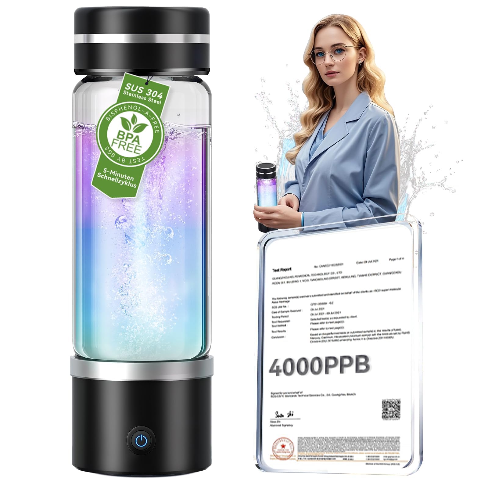 4.0 Upgrade Hydrogen Water Bottle & Double Hydrogen Content 【NO.1-24-Hour Hydrogen Lock】【Certification-4000PPB】 Hydrogen Water Bottle Generator - 2025 SPE PEM Technique, Applicable to Various Water