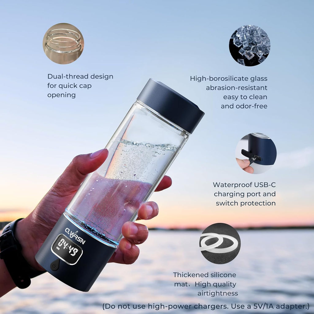 Hydrogen Water Bottle, Portable Glass Hydrogen Water Bottle Generator-SPE/PEM Technology-Athletic Performance & Hydration System, 11.5 oz Capacity，Ideal for Outdoor Home and Office Use(Blue)