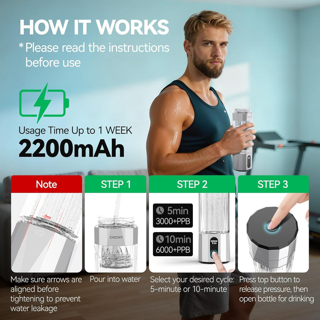 Upgrade Hydrogen Water Bottle - 6400PPB Hydrogen Water Generator, SPE/PEM Certified, 7oz Portable Hydro Water Machine, Perfect for Gym/Travel/Office & Gifts for Friends/Family