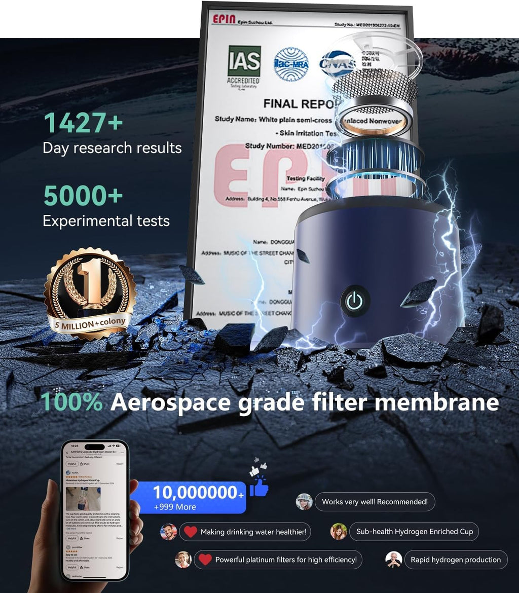 4.0 Upgrade Hydrogen Water Bottle & Double Hydrogen Content 【NO.1-24-Hour Hydrogen Lock】【Certification-4000PPB】 Hydrogen Water Bottle Generator - 2025 SPE PEM Technique, Applicable to Various Water