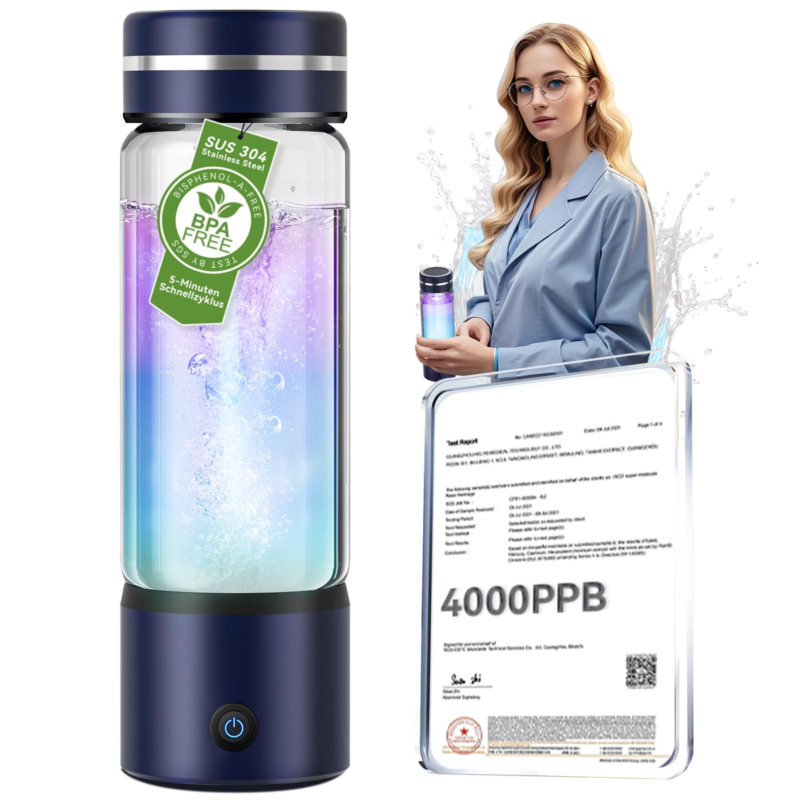 4.0 Upgrade Hydrogen Water Bottle & Double Hydrogen Content 【NO.1-24-Hour Hydrogen Lock】【Certification-4000PPB】 Hydrogen Water Bottle Generator - 2025 SPE PEM Technique, Applicable to Various Water