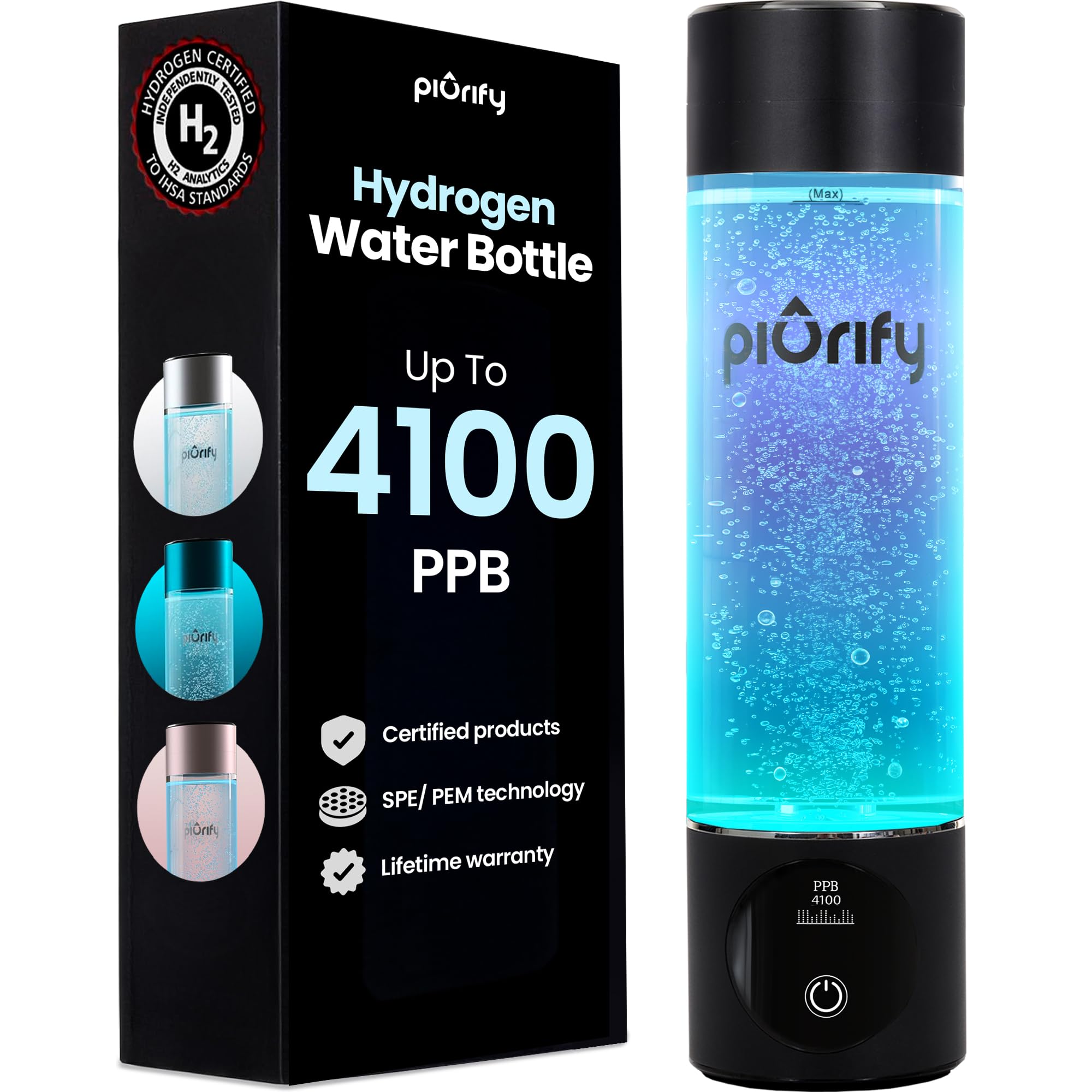 Hydrogen Water Bottle Generator - Up to 4100+ PPB - SPE/PEM Technology - Certified H2 Generator - Portable Athletic Performance & Hydration System - 6-Hour Hydrogen Retention, 10 oz (Silver)