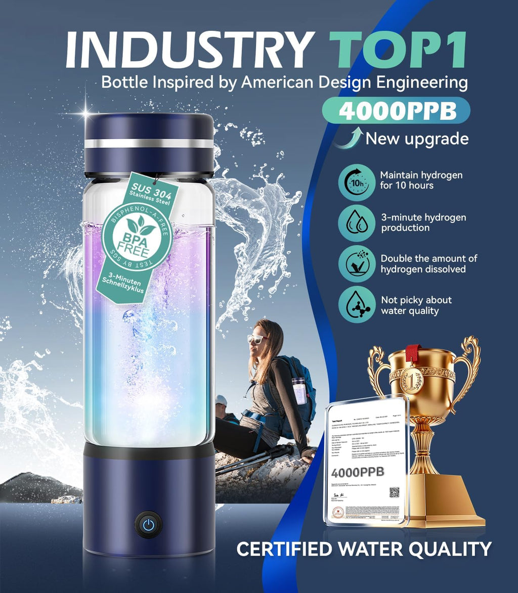 4.0 Upgrade Hydrogen Water Bottle & Double Hydrogen Content 【NO.1-24-Hour Hydrogen Lock】【Certification-4000PPB】 Hydrogen Water Bottle Generator - 2025 SPE PEM Technique, Applicable to Various Water