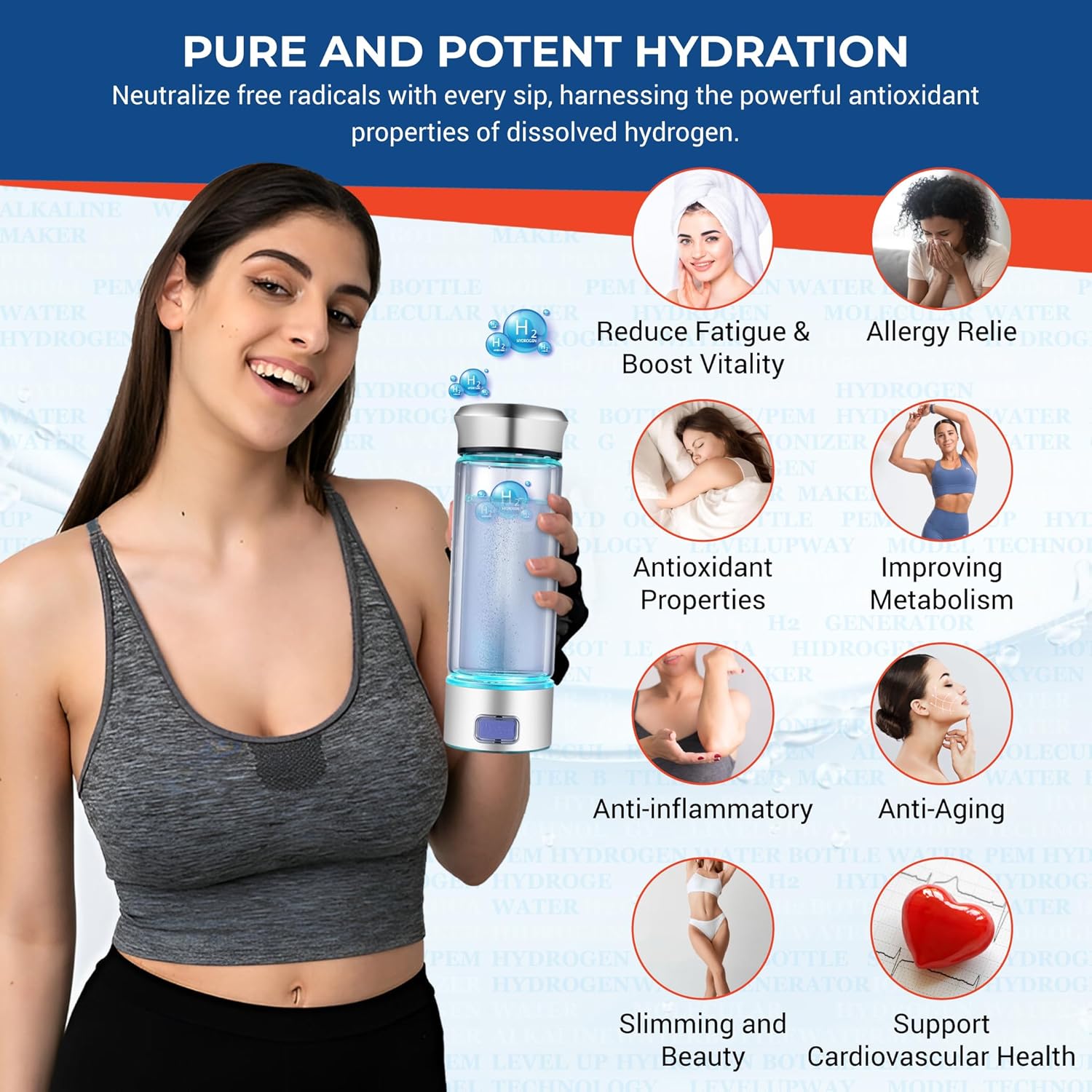 LevelUpWay - Hydrogen Water Bottle Up to 4000PPB SPE PEM Technology Water Ionizer (Borosilicate Glass, Silver)