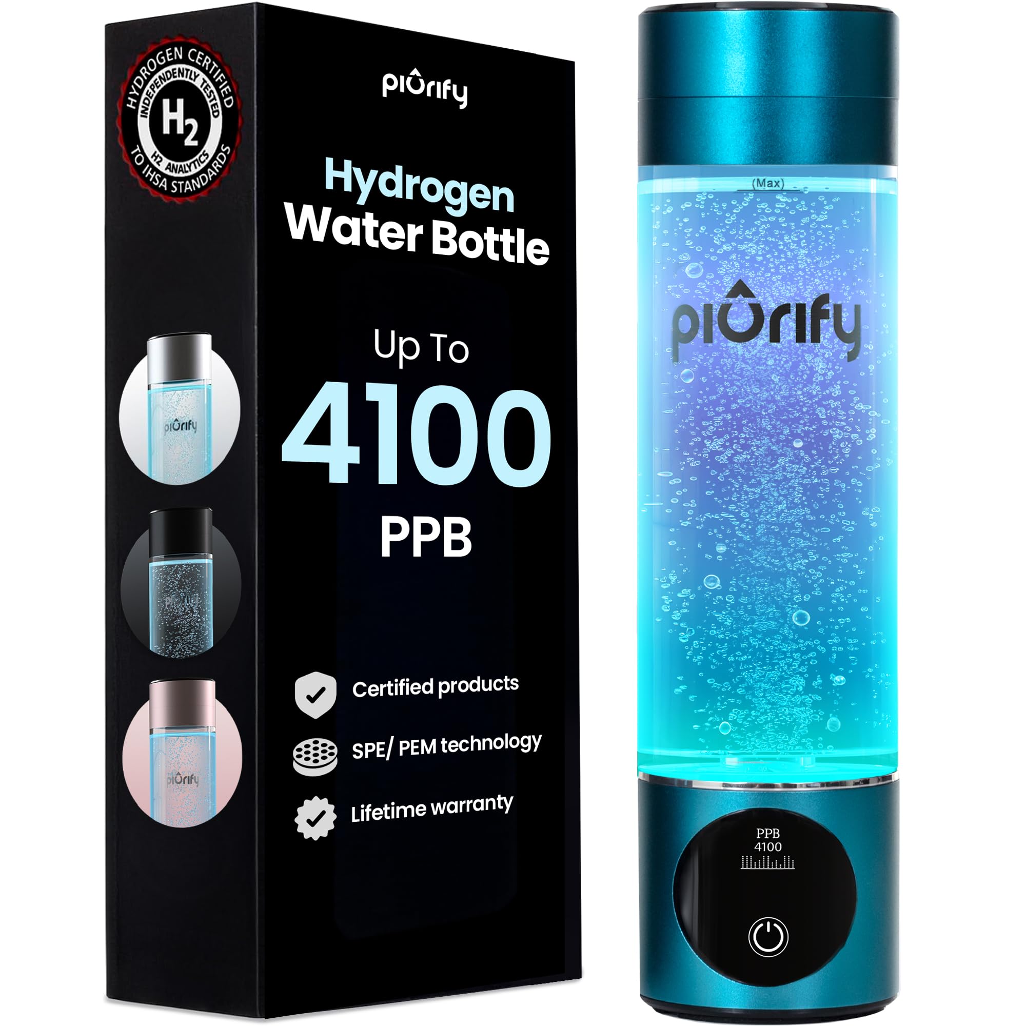 Hydrogen Water Bottle Generator - Up to 4100+ PPB - SPE/PEM Technology - Certified H2 Generator - Portable Athletic Performance & Hydration System - 6-Hour Hydrogen Retention, 10 oz (Silver)
