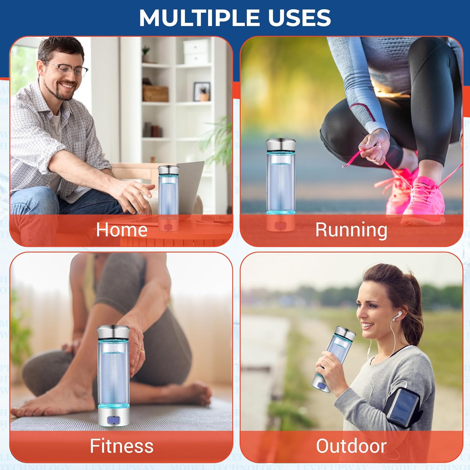 LevelUpWay - Hydrogen Water Bottle Up to 4000PPB SPE PEM Technology Water Ionizer (Borosilicate Glass, Silver)