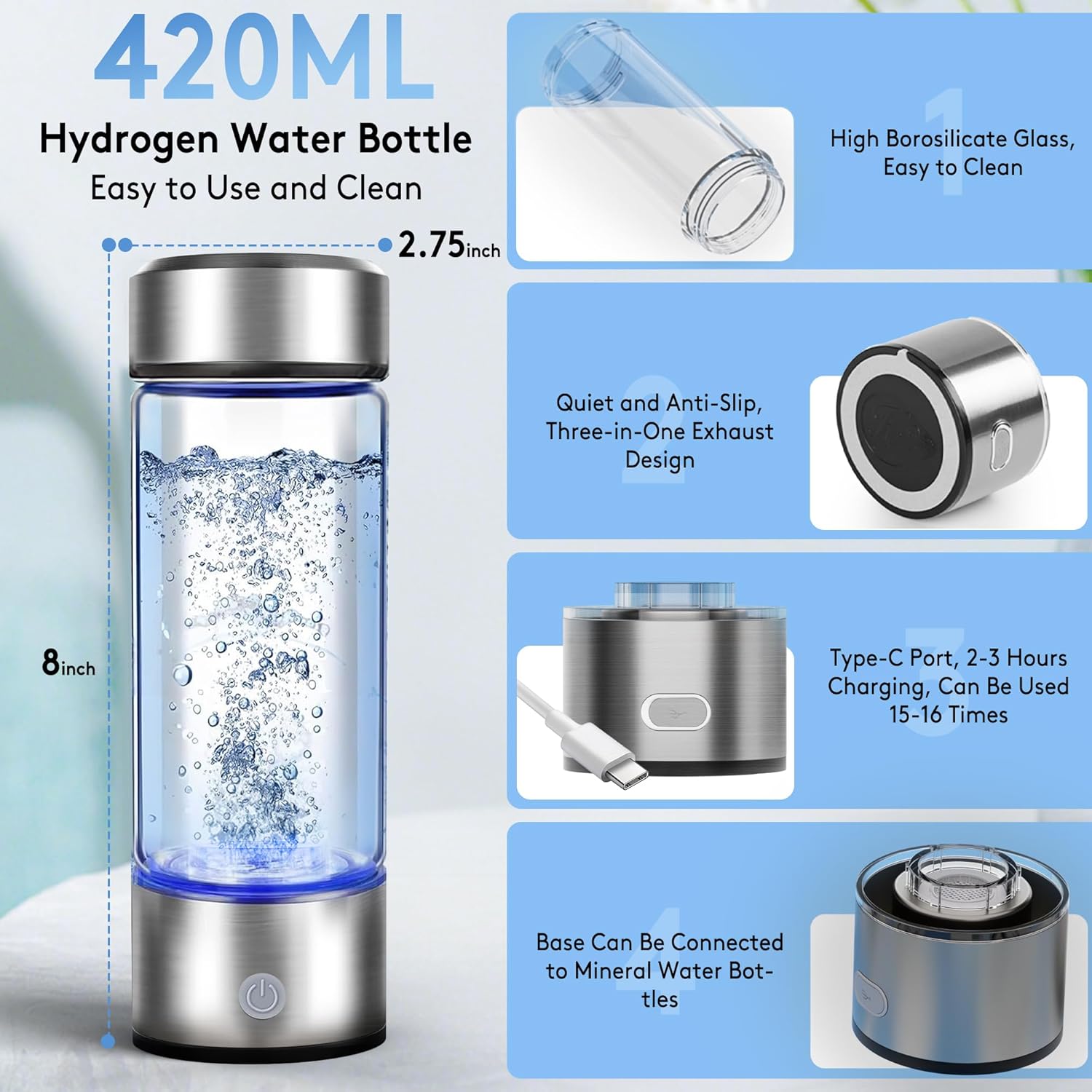 2025 New Hydrogen Water Bottle, 2800PPB in 3Min, SPE PEM Tech, Portable 16OZ, Rechargeable Hydrogen Water Bottle for Travel, Home, Office – Gift for Family & Friends (XR-20)