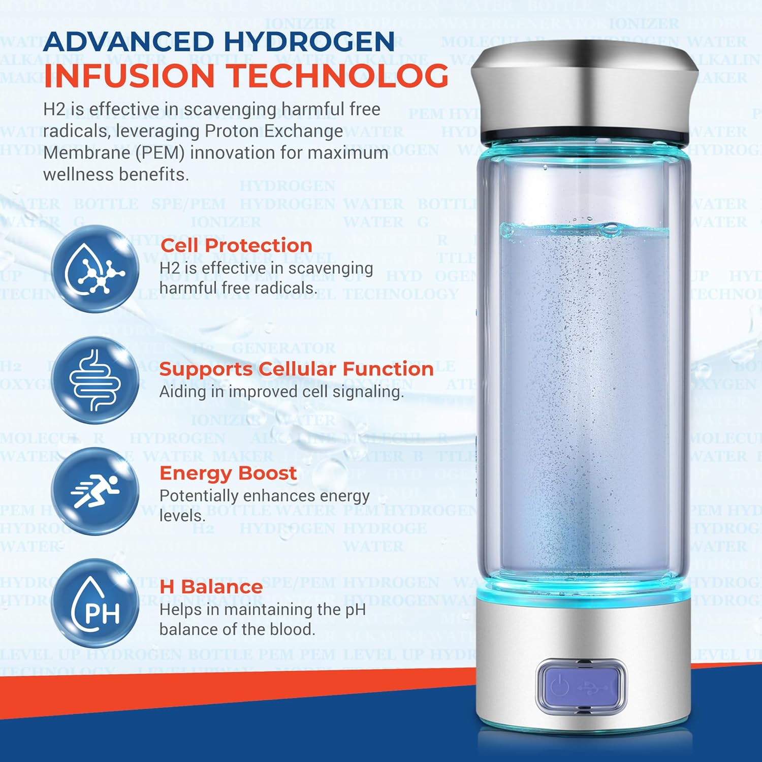 LevelUpWay - Hydrogen Water Bottle Up to 4000PPB SPE PEM Technology Water Ionizer (Borosilicate Glass, Silver)