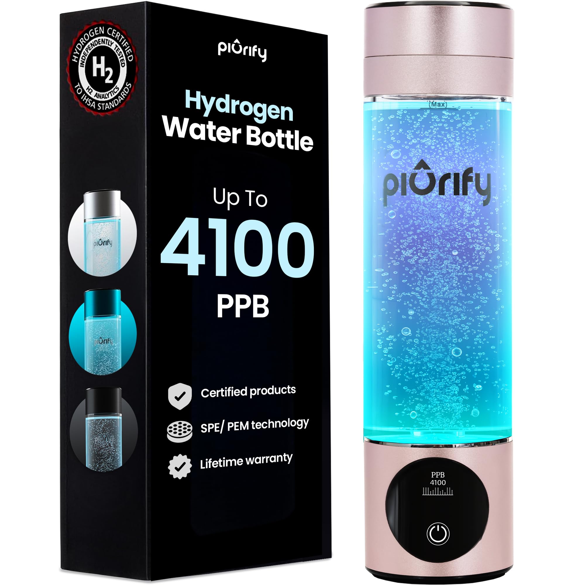 Hydrogen Water Bottle Generator - Up to 4100+ PPB - SPE/PEM Technology - Certified H2 Generator - Portable Athletic Performance & Hydration System - 6-Hour Hydrogen Retention, 10 oz (Silver)
