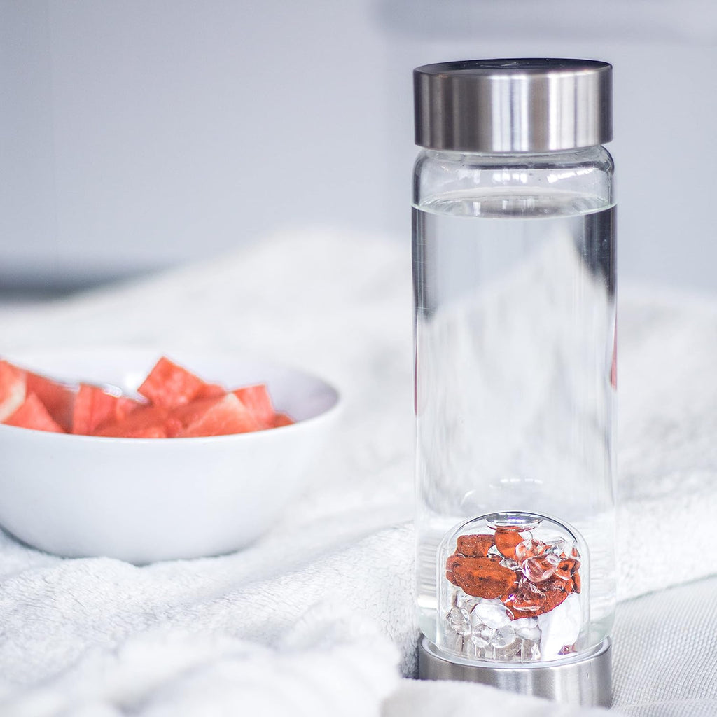 VitaJuwel ViA FITNESS | Crystal Water Bottle with Red Jasper, Magnesite & Clear Quartz -Willpower, Strength & Momentum