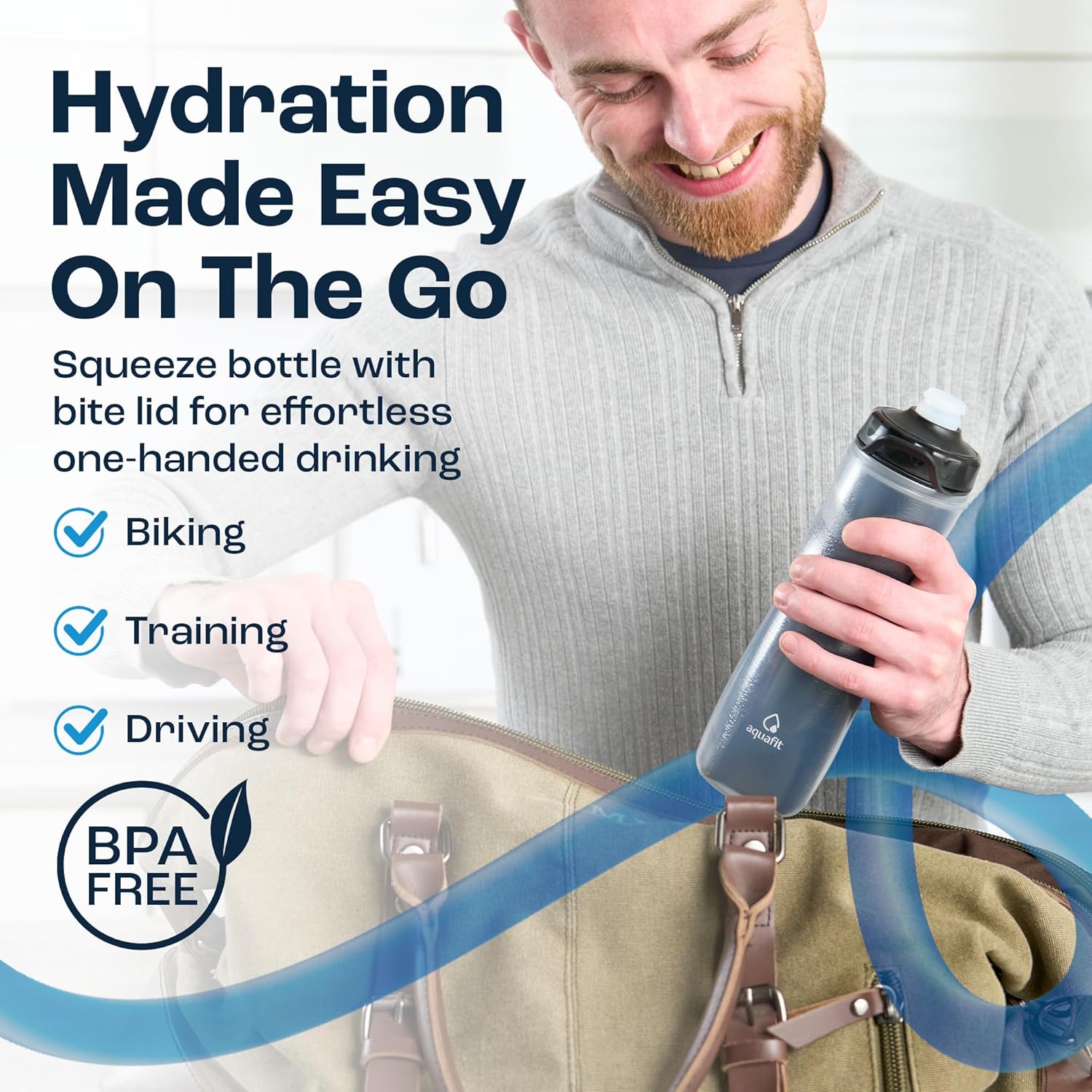 AQUAFIT Insulated Water Bottle - 20oz Leakproof Sports Water Bottle with Bite Lid, Bike Water Bottle, Easy Squeeze Water Bottles, Spill Proof for Cycling Bicycle - Fits Most Bike Cages (Blue)