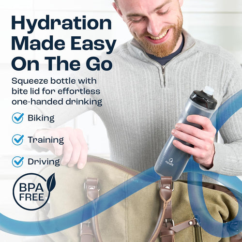 AQUAFIT Insulated Water Bottle - 20oz Leakproof Sports Water Bottle with Bite Lid, Bike Water Bottle, Easy Squeeze Water Bottles, Spill Proof for Cycling Bicycle - Fits Most Bike Cages (Blue)