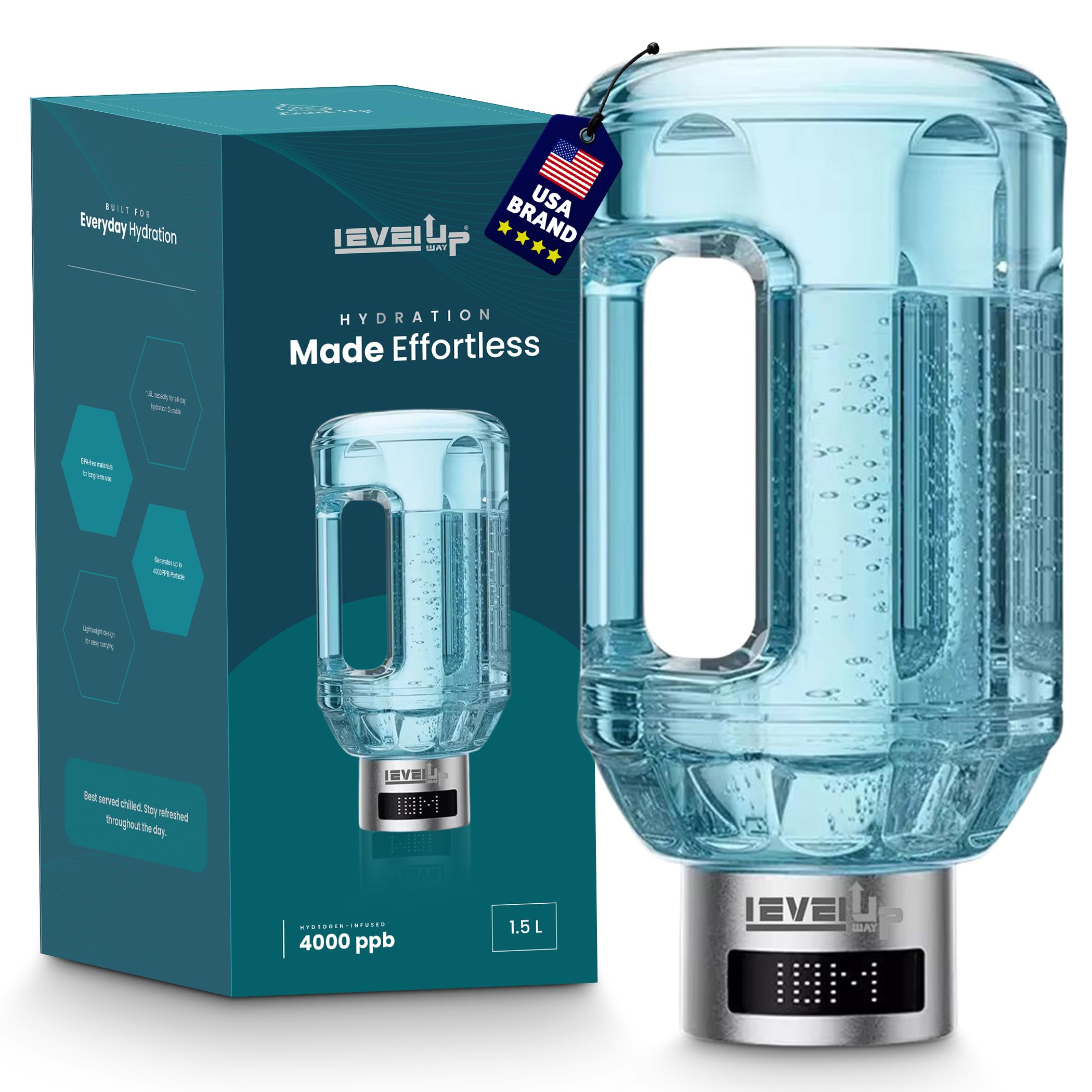 LevelUpWay - Hydrogen Water Bottle Up to 4000PPB SPE PEM Technology Water Ionizer (Borosilicate Glass, Silver)