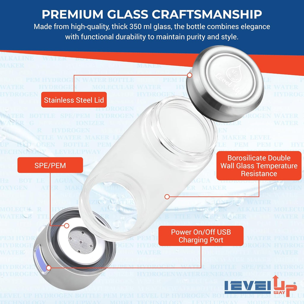 LevelUpWay - Hydrogen Water Bottle Up to 4000PPB SPE PEM Technology Water Ionizer (Borosilicate Glass, Silver)