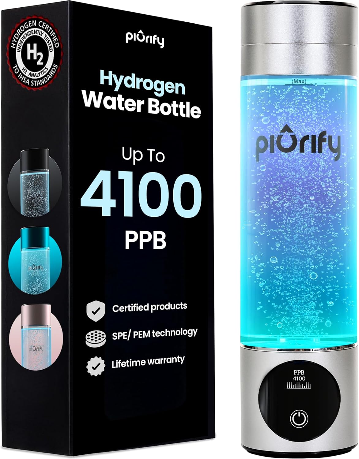 Hydrogen Water Bottle Generator - Up to 4100+ PPB - SPE/PEM Technology - Certified H2 Generator - Portable Athletic Performance & Hydration System - 6-Hour Hydrogen Retention, 10 oz (Silver)