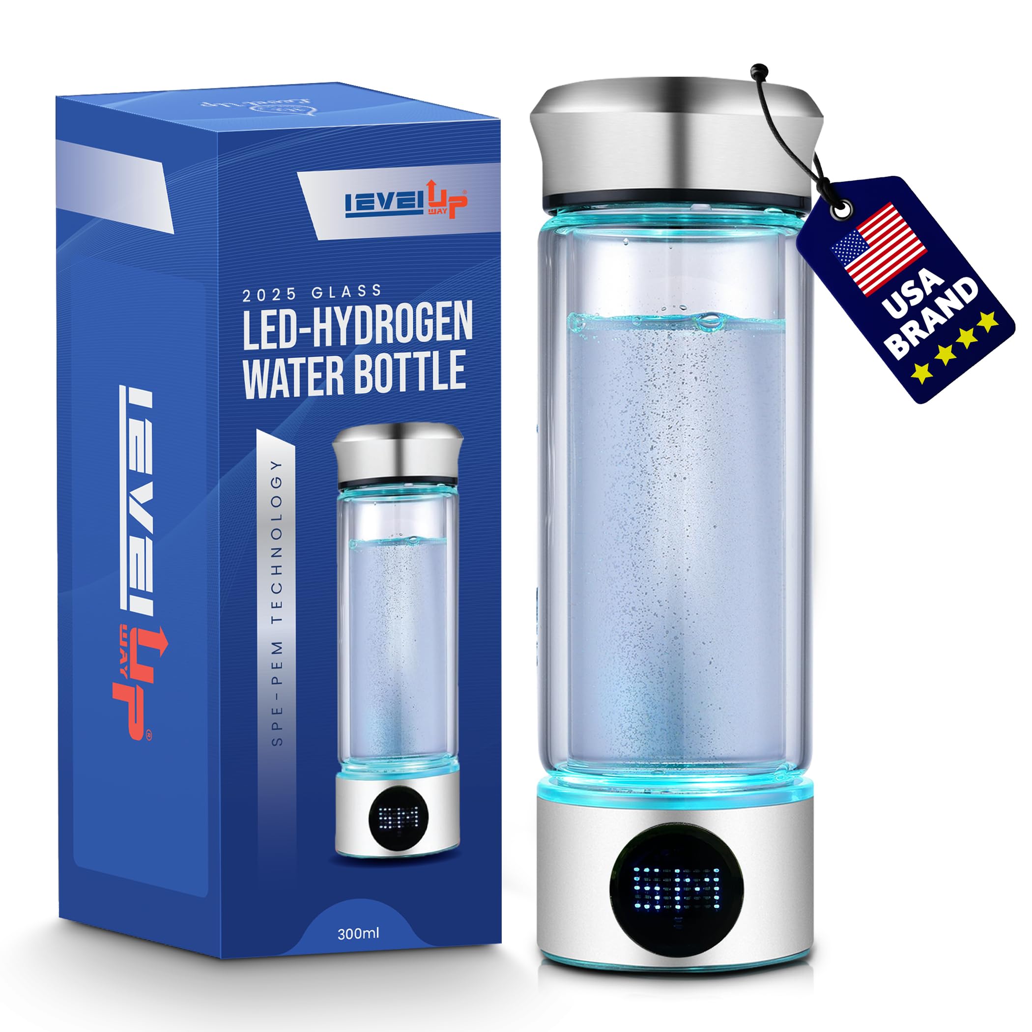 LevelUpWay - Hydrogen Water Bottle Up to 4000PPB SPE PEM Technology Water Ionizer (Borosilicate Glass, Silver)